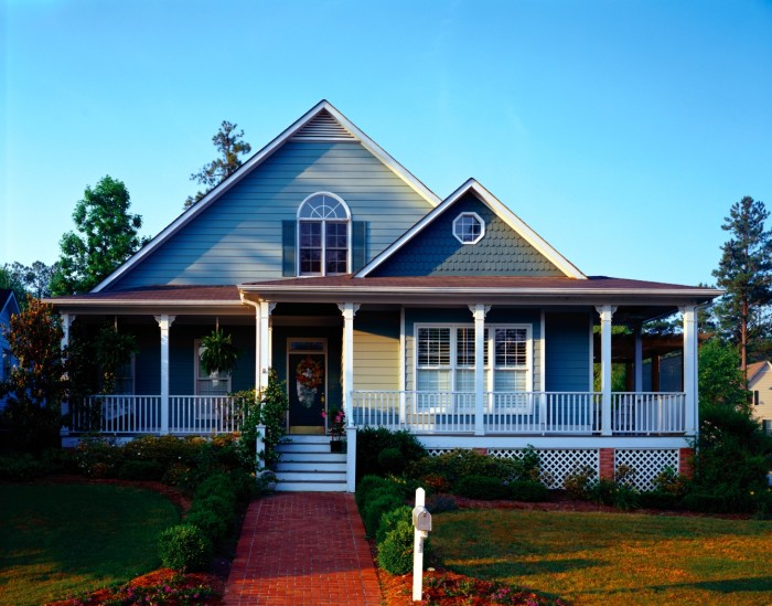 Gray house with wraparound porch, exterior