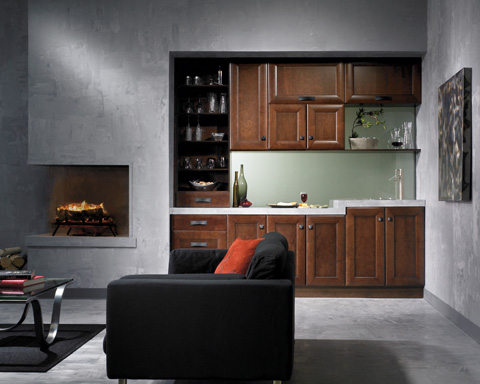 Compliment a dark basement with wooden cabinets and a built-in fireplace.