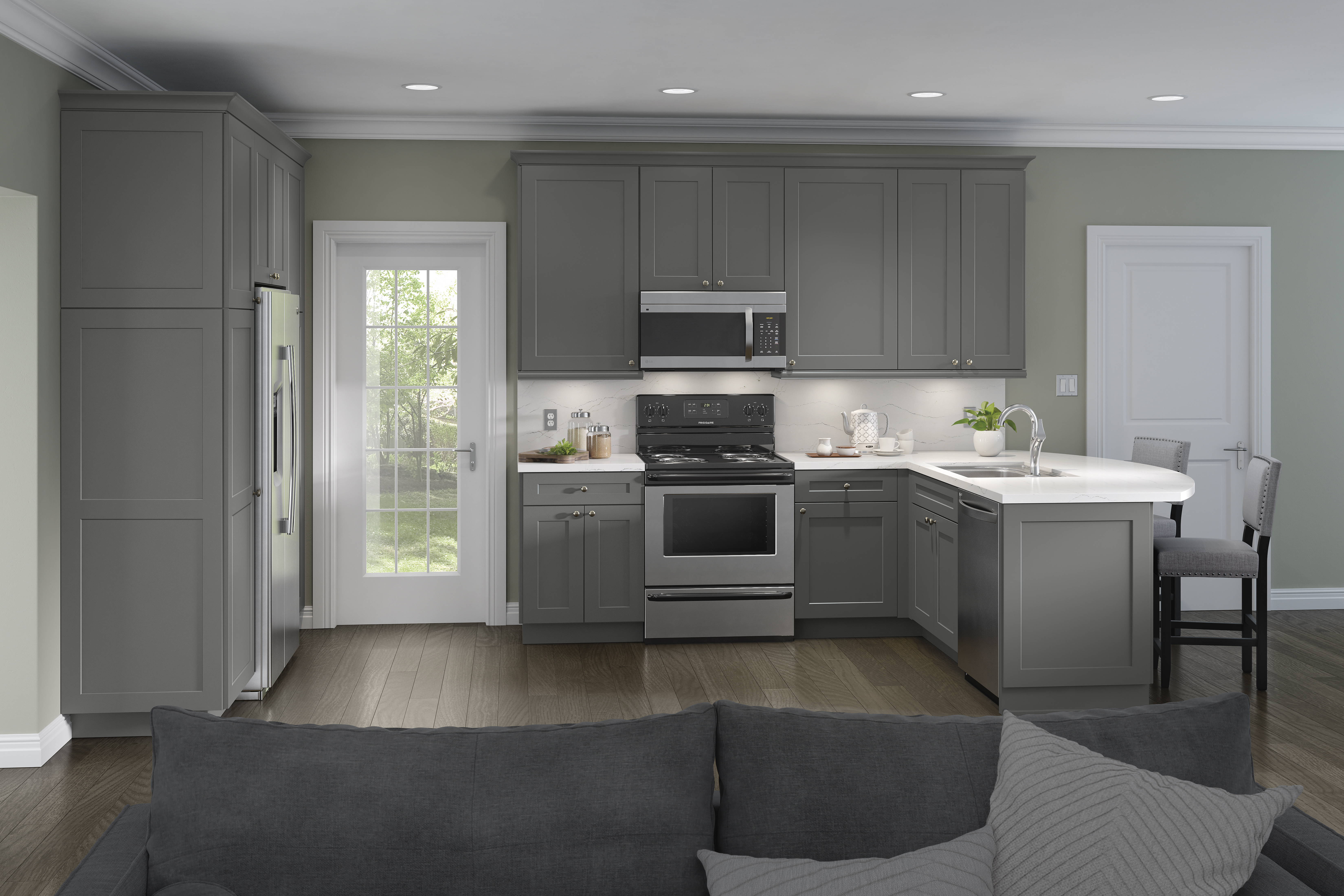 This new kitchen has a classic feel with strong brown cabinets and high quality accessories