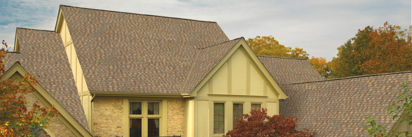 A pink and brown roof atop a yellow brick house during a fall sunset